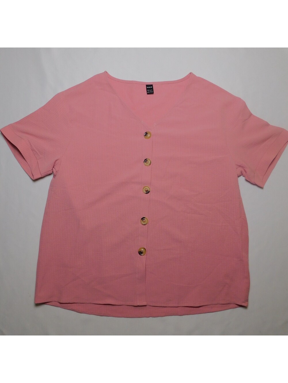 SHEIN Pink Blouse Womens Small S Short Sleeve Button Down Textured Plisse Top
